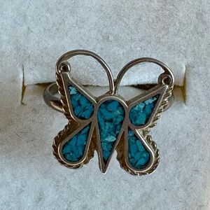 Vintage Delicate 1970’s Silver Butterfly Ring with Turquoise Inlay. Sz 7